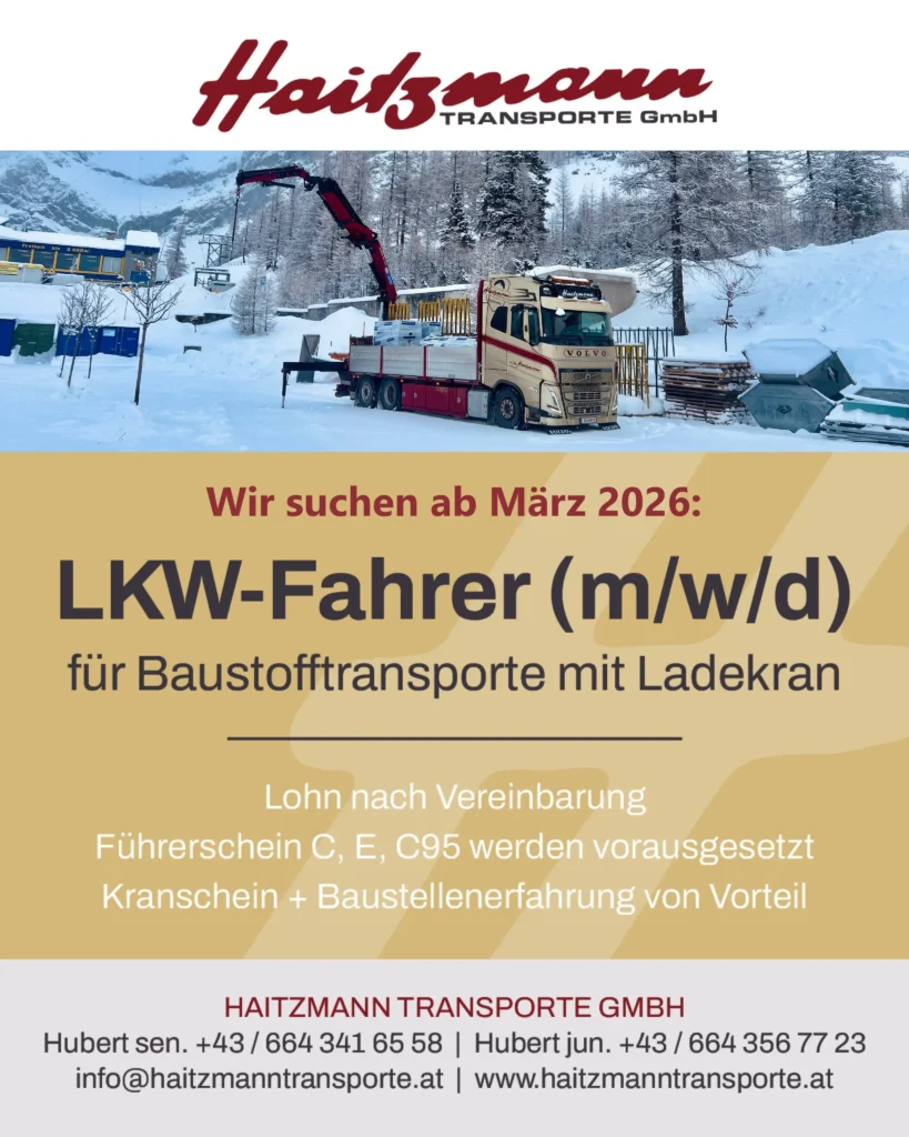LKW mit Ladekran beladen mit Baustoffen im verschneiten Waldgebiet vor Haitzmann Transporte GmbH Logo und Stellenanzeige