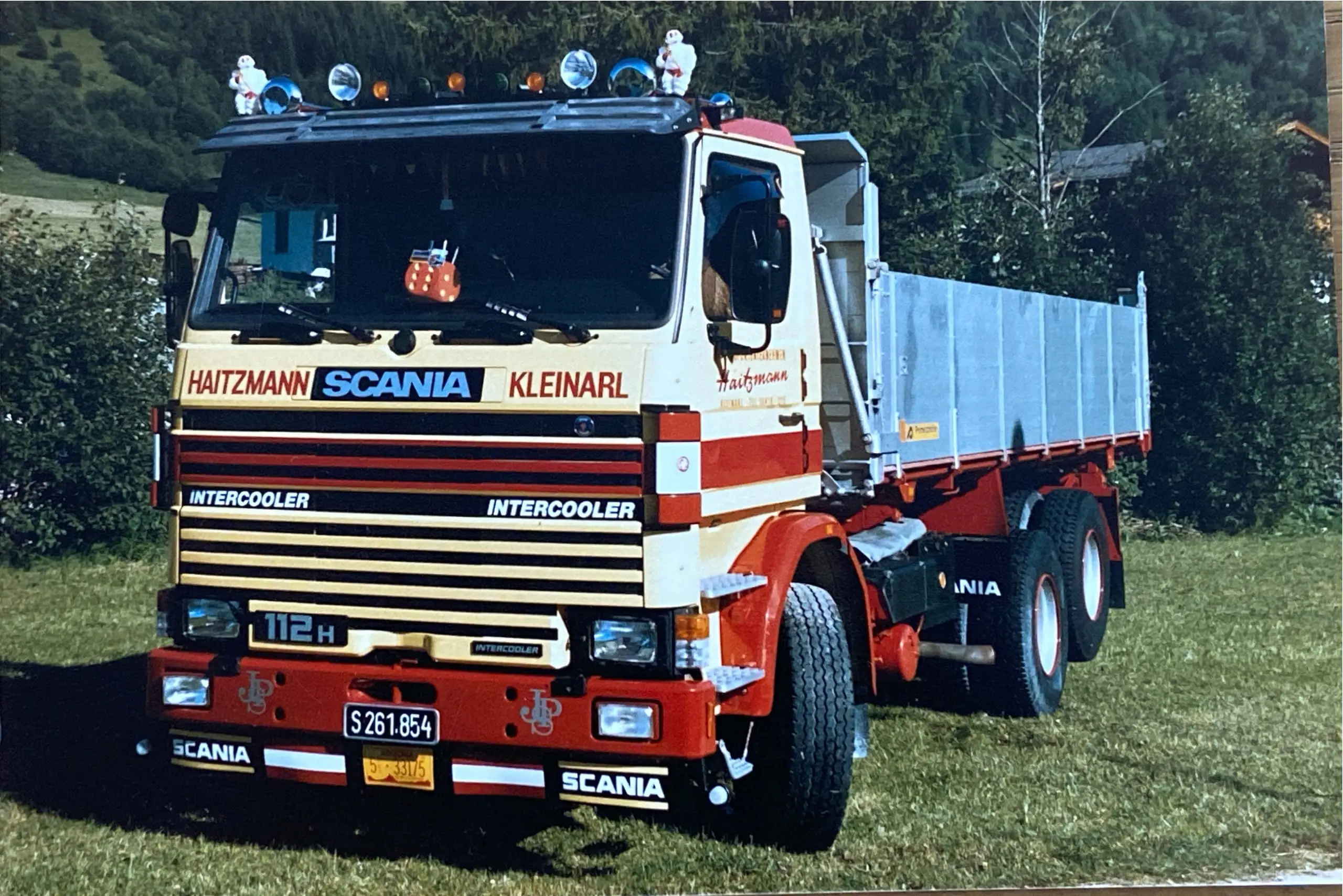Roter und weißer Scania LKW mit Aufschrift Haitzmann Transporte Kleinarl steht auf einer Wiese vor Waldkulisse