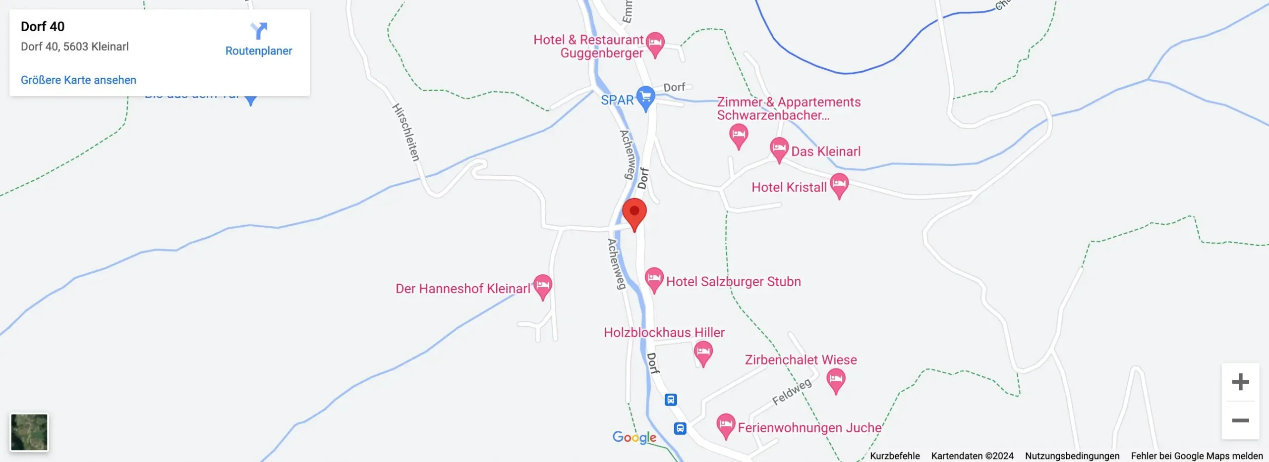 Karte von Kleinarl mit Markierung bei Dorf 40 und Hotels sowie Restaurants in der Umgebung