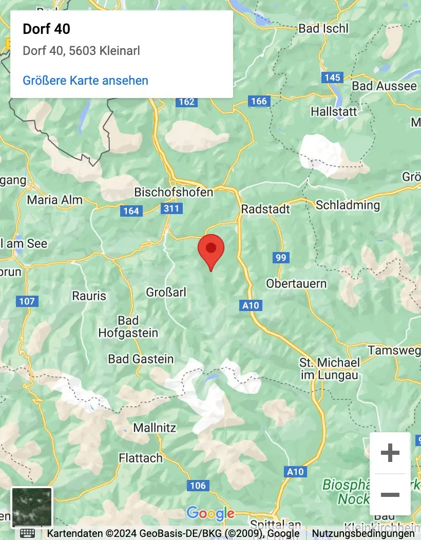 Karte mit Standort Dorf 40, 5603 Kleinarl, markiert für Haitzmann Transporte und Kranarbeiten in der Region