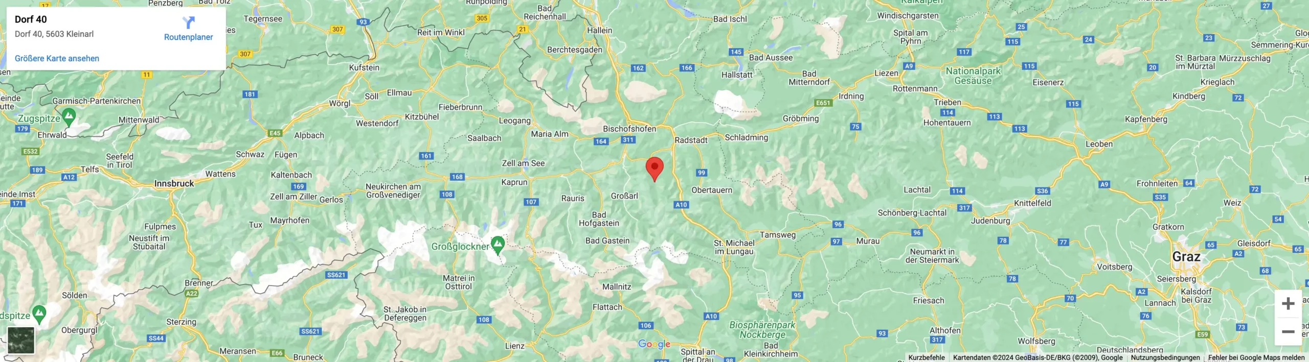 Karte mit Standort Dorf 40 in 5603 Kleinarl, Österreich, umgeben von Alpenregionen und nahe Innsbruck und Graz