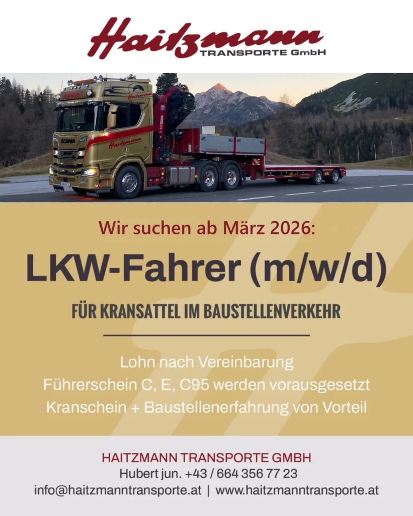 Goldener Scania LKW mit Krananhänger vor Berglandschaft, Werbung für Haitzmann Transporte LKW-Fahrer gesucht ab März 2026.