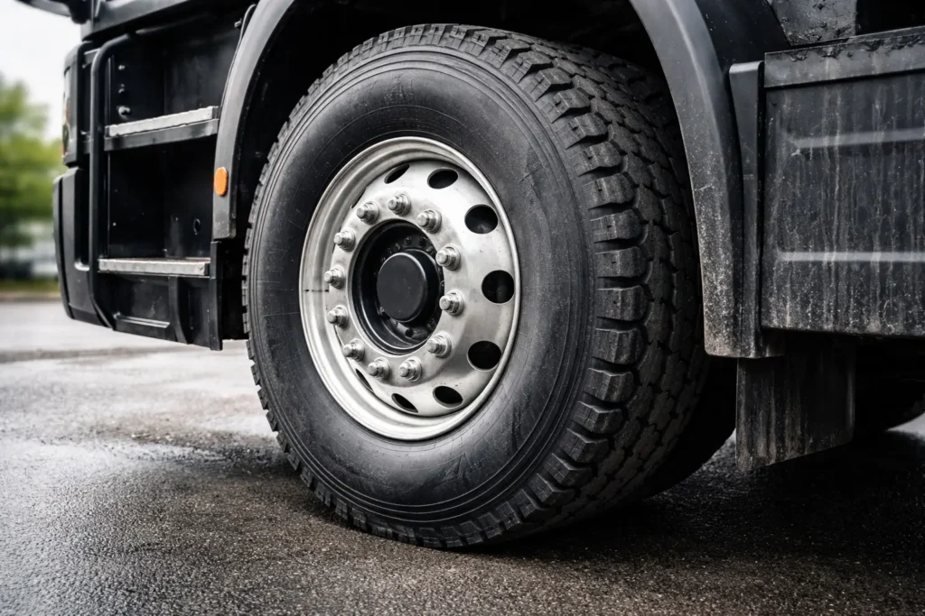 Nahaufnahme eines robusten LKW-Reifens mit Stahlfelge auf nassem Asphalt für Haitzmann Transporte und Reifenservice