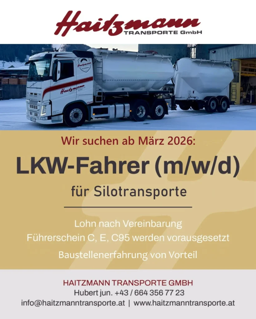Weißer Silo-LKW der Haitzmann Transporte GmbH im Schnee mit Stellenanzeige für LKW-Fahrer ab März 2026 für Silotransporte.