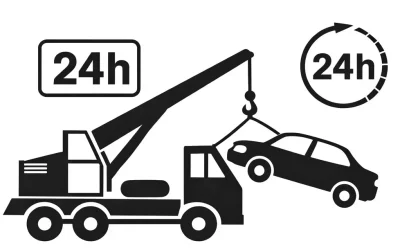 Schwarz-weiß Piktogramm eines Abschleppwagens mit Kran, der ein Auto hebt, daneben zwei 24h-Symbole für Bergeservice.